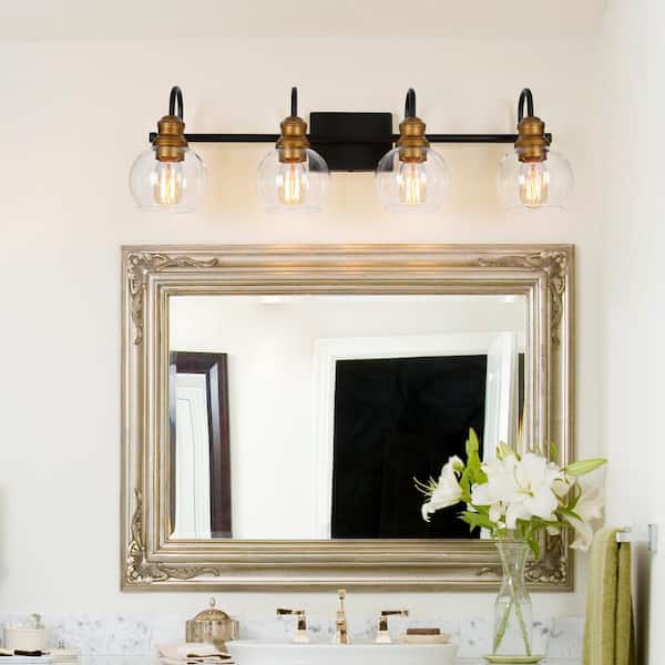 Modern Black Wall Light 29.5 in. 4-Light Bronze and Antique Gold Bathroom Brass Vanity Light with Globe Glass Shades