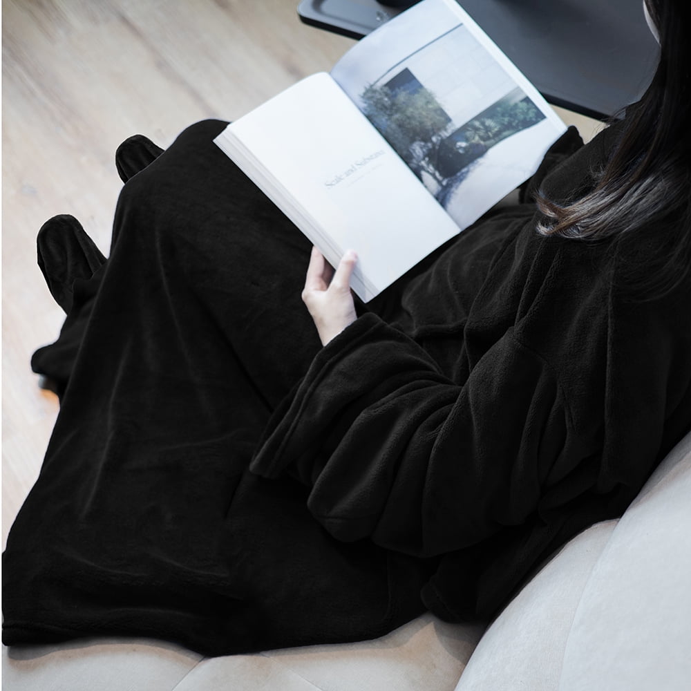 PAVILIA Fleece Blanket with Sleeves and Foot Pockets for Women Men Adult, Wearable Blanket Throw Wrap, Warm Cozy Extra Soft Sleep Hug Blanket with Feet, Gift for Women Mom (Black)