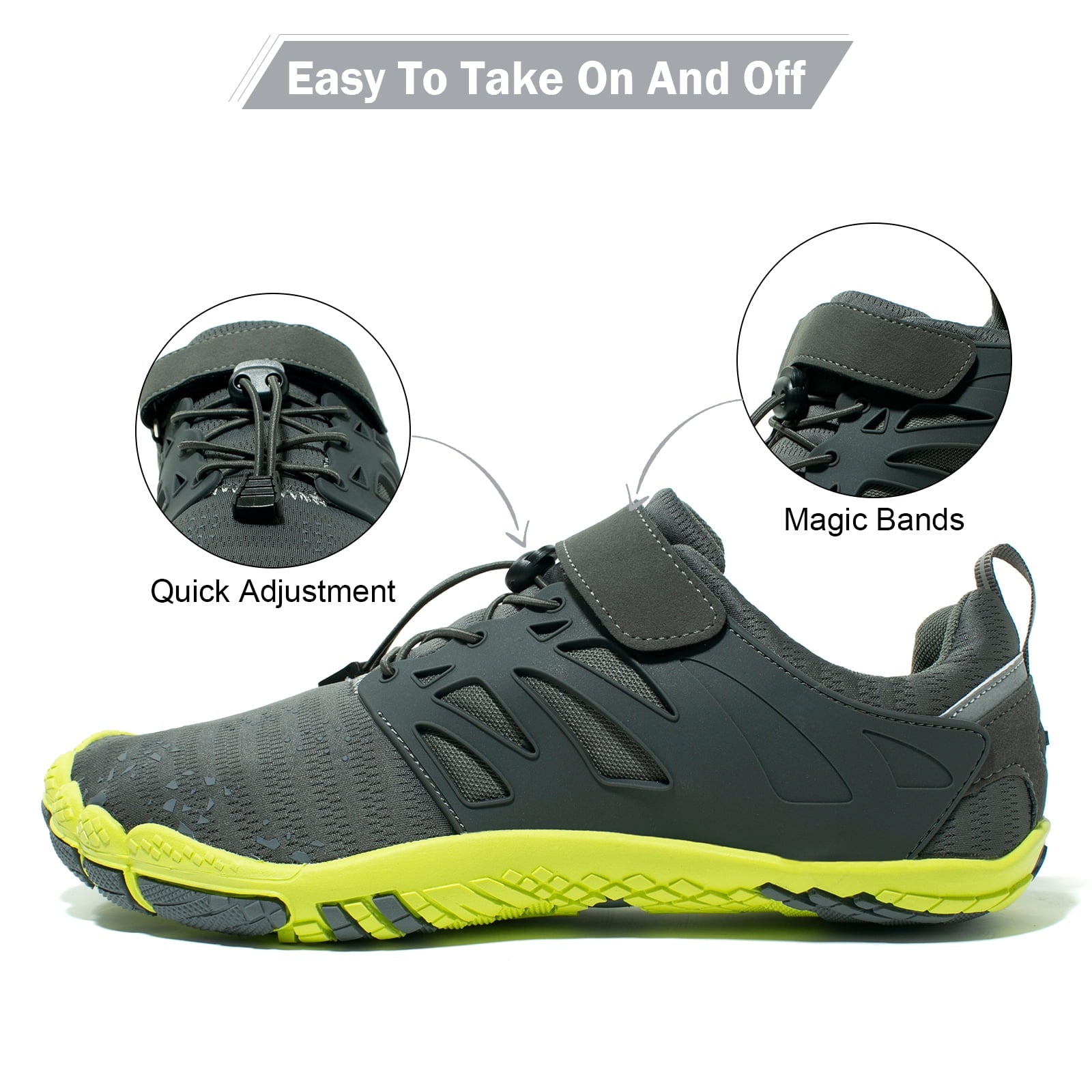 WOTTE Men's Water Shoes Quick-Dry Barefoot Aqua Socks Slip-on Beach Wide Toe Shoes, Dark Grey Size 9