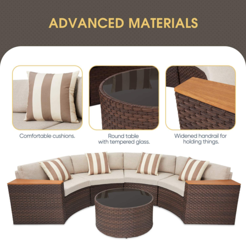 5-Piece Patio Sectional Furniture Patio Half-Moon Set Brown Wicker Curved Outdoo