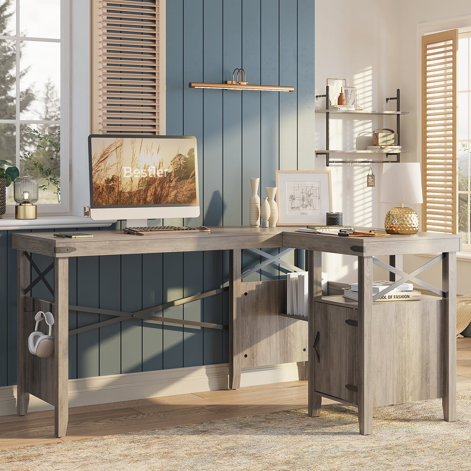 Bestier Farmhouse L-Shaped Computer Desk 60