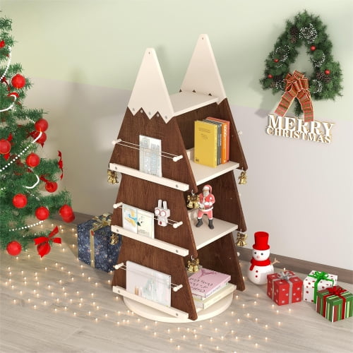 Christmas Rotating Bookshelf Wooden Storage Rack for Kids Room 360° Display Organizer for Study Room