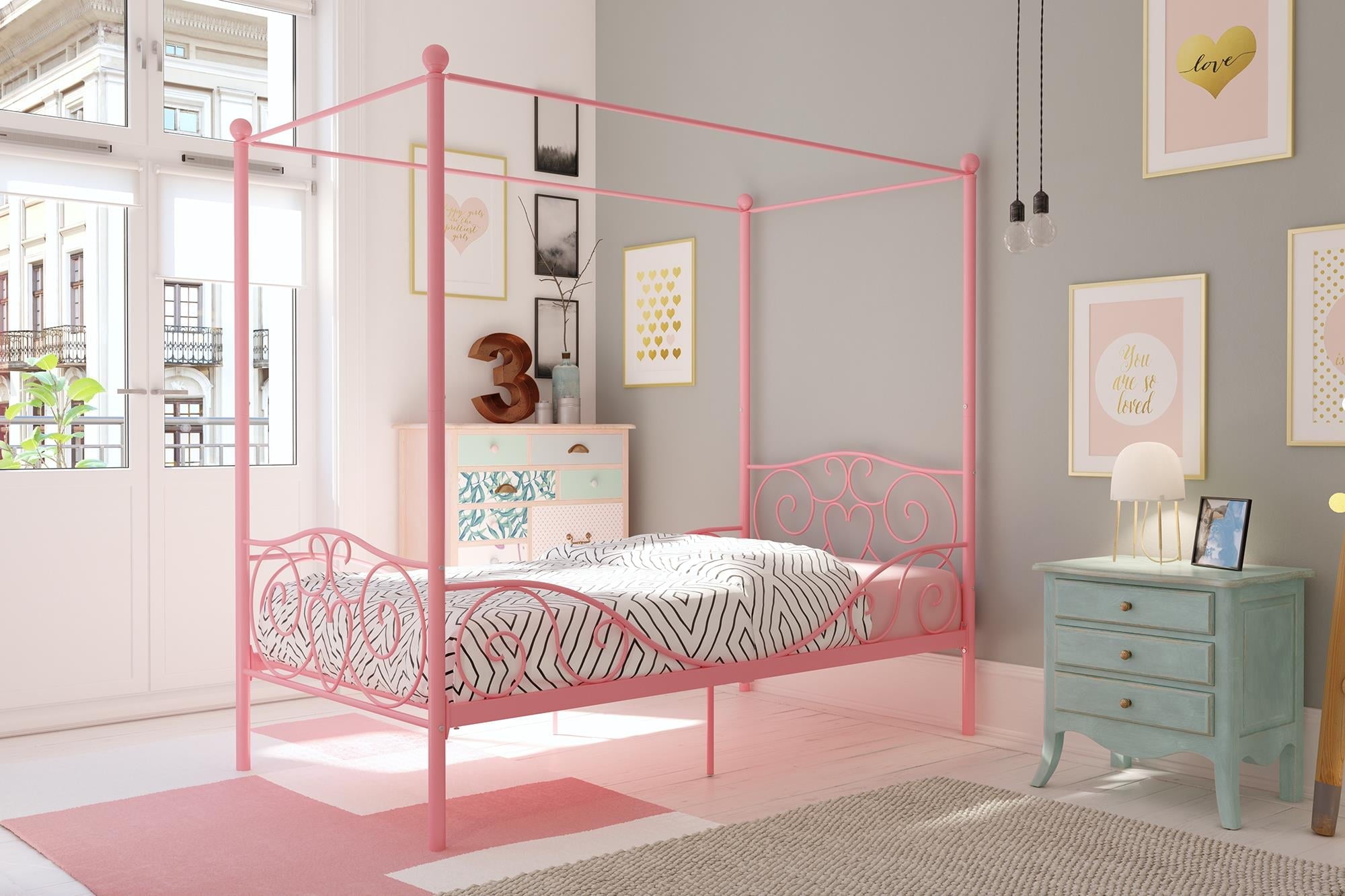 DHP Canopy Metal Bed, Twin, Pink