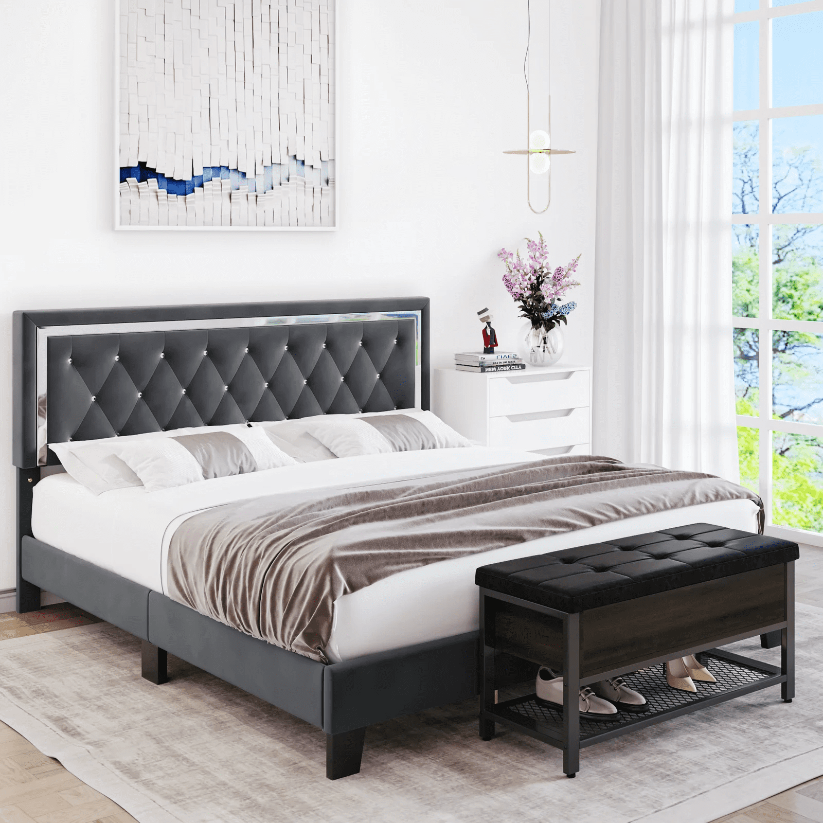 Homfa King Size Bed Frame, Diamond Tufted Upholstered Platform Bed with Adjustable Headboard, Gray