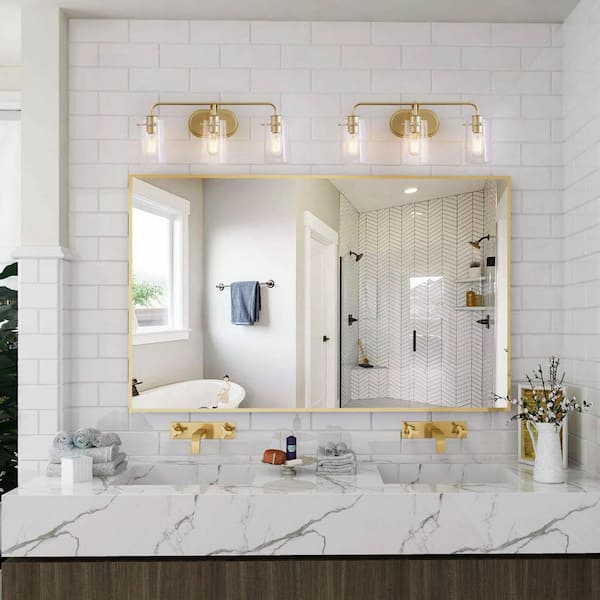 Modern Gold Bathroom Vanity Light Bar, 22.5 in. 3-Light Farmhouse Brass Wall Sconce with Seeded Glass Shades