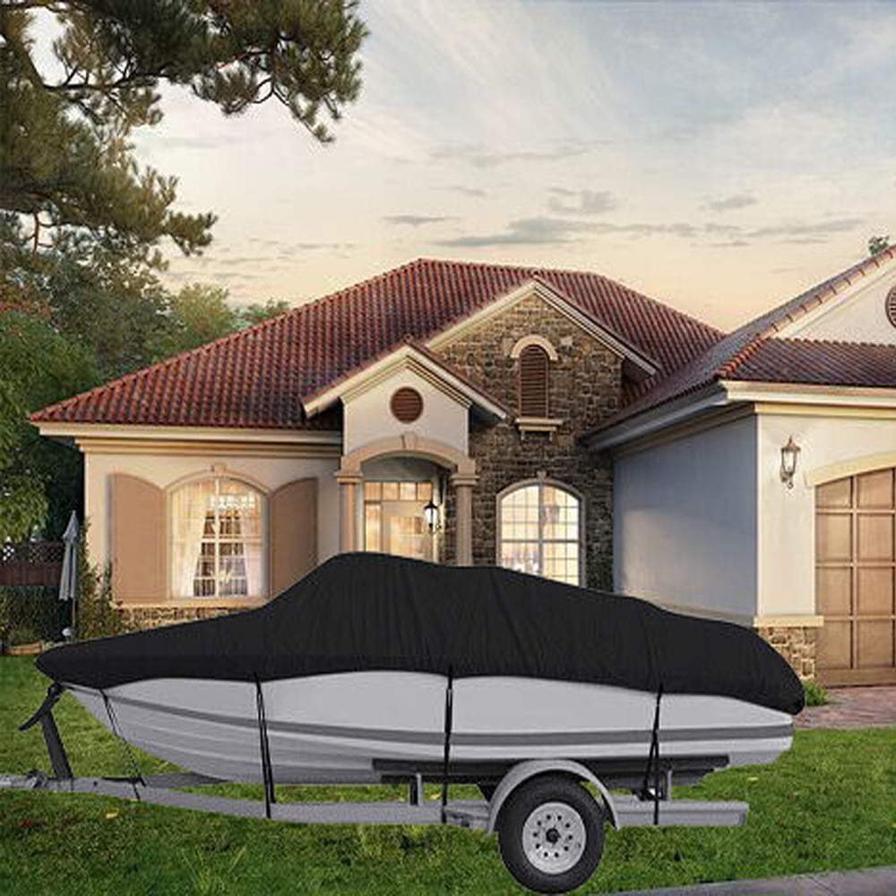 Boat Cover, Heavy Duty Waterproof Trailerable Boat Cover, UV Resistant Marine Grade Outboard Cover Compatible for Bass Boat, Fits Tri-Hull V-Hull Fishing Runabout Boat, Black