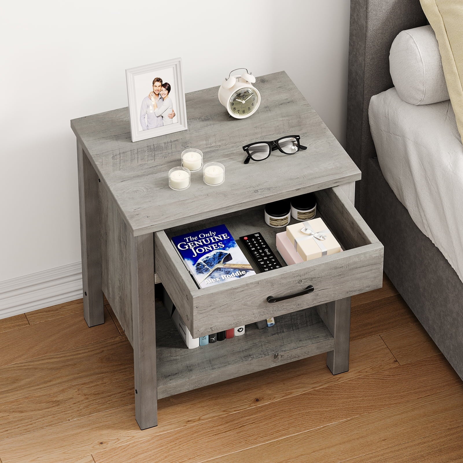 Wooden Nightstand Side Table, Bedside Table End Table for Bedroom Nursery Living Room with Storage Drawer, Rustic Grey