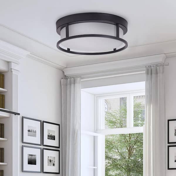 13 in. 2-Light Black Flush Mount Ceiling Light with Drum White Glass Shade