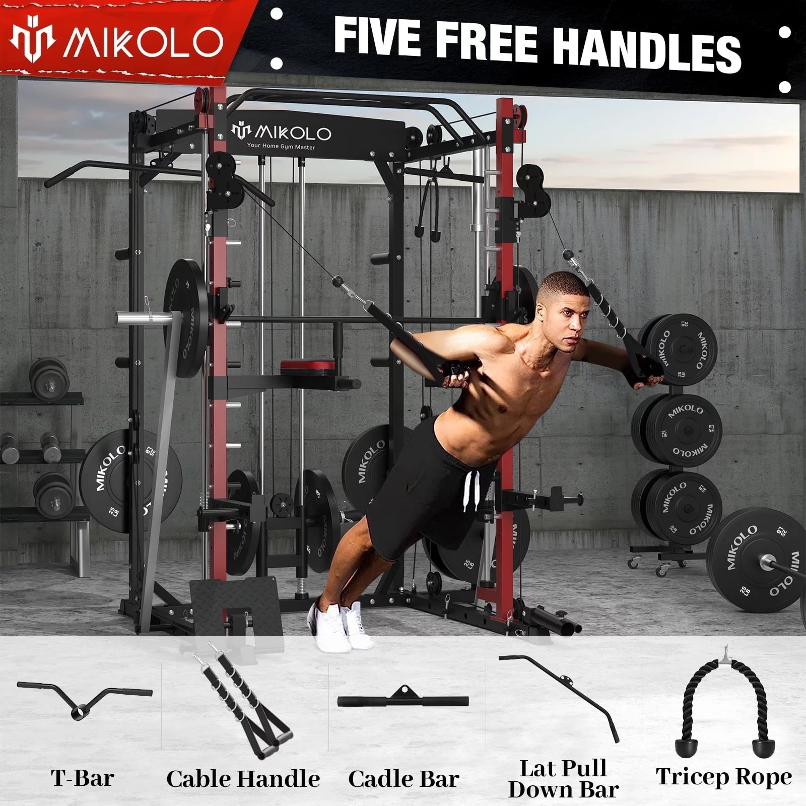 Mikolo Smith Machine Home Gym, 2000lbs Squat Rack with LAT-Pull Down System & Cable Crossover Machine, Training Equipment