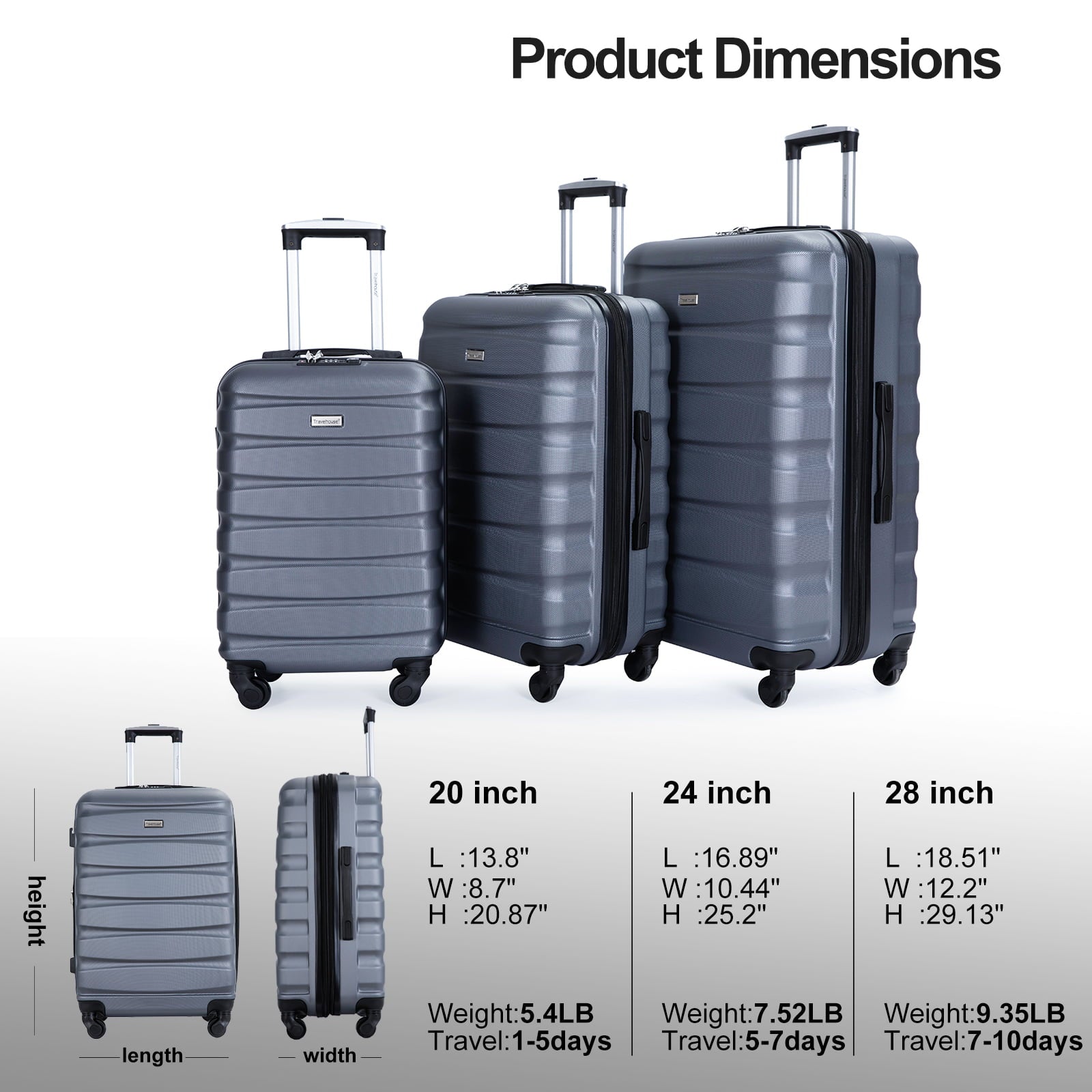 Travelhouse 3 Piece Luggage Set Expandable Hardshell Lightweight Suitcase with TSA Lock Spinner Wheels 20in24in28in.(Gray)