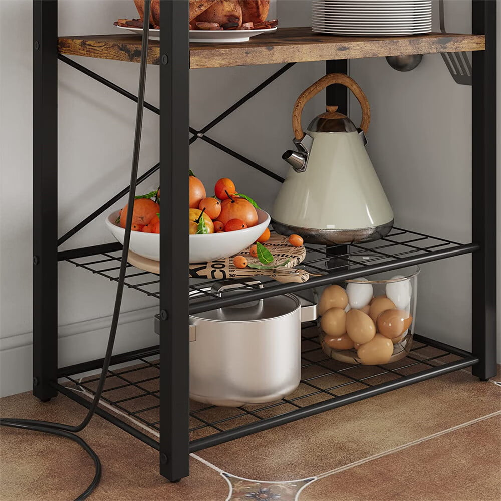 Zzistar Bakers Rack with Power Outlet, Microwave Stand Coffee Bar Table Station with Metal Wire Panel, Kitchen Storage Rack with 8 Hooks