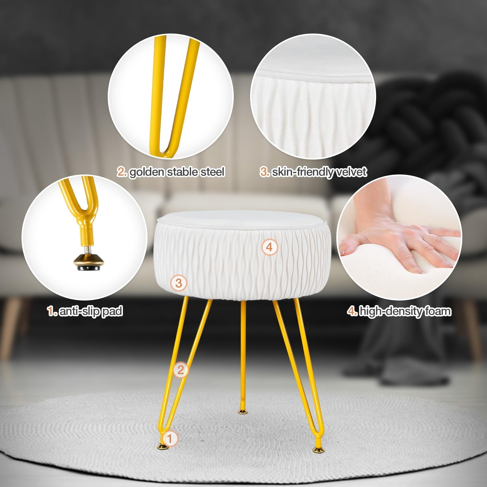 PROHIKER Velvet Round Footrest Stool Ottoman, Makeup Vanity Stool Side Table Couch Stool w/Golden Metal Legs, 13