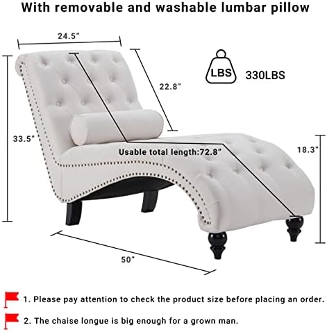 YPBBOOM Button-Tufted Chaise Lounge Indoor with Solid Wood Legs & Support Pillow  Upholstered Chaise Lounge Chair for Bedroom Living Room Office  Armless Rolled Backrest Leisure Sofa