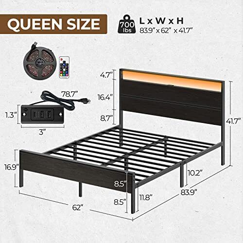 Rolanstar Bed Frame with Charging Station Queen Bed with LED Lights Headboard...