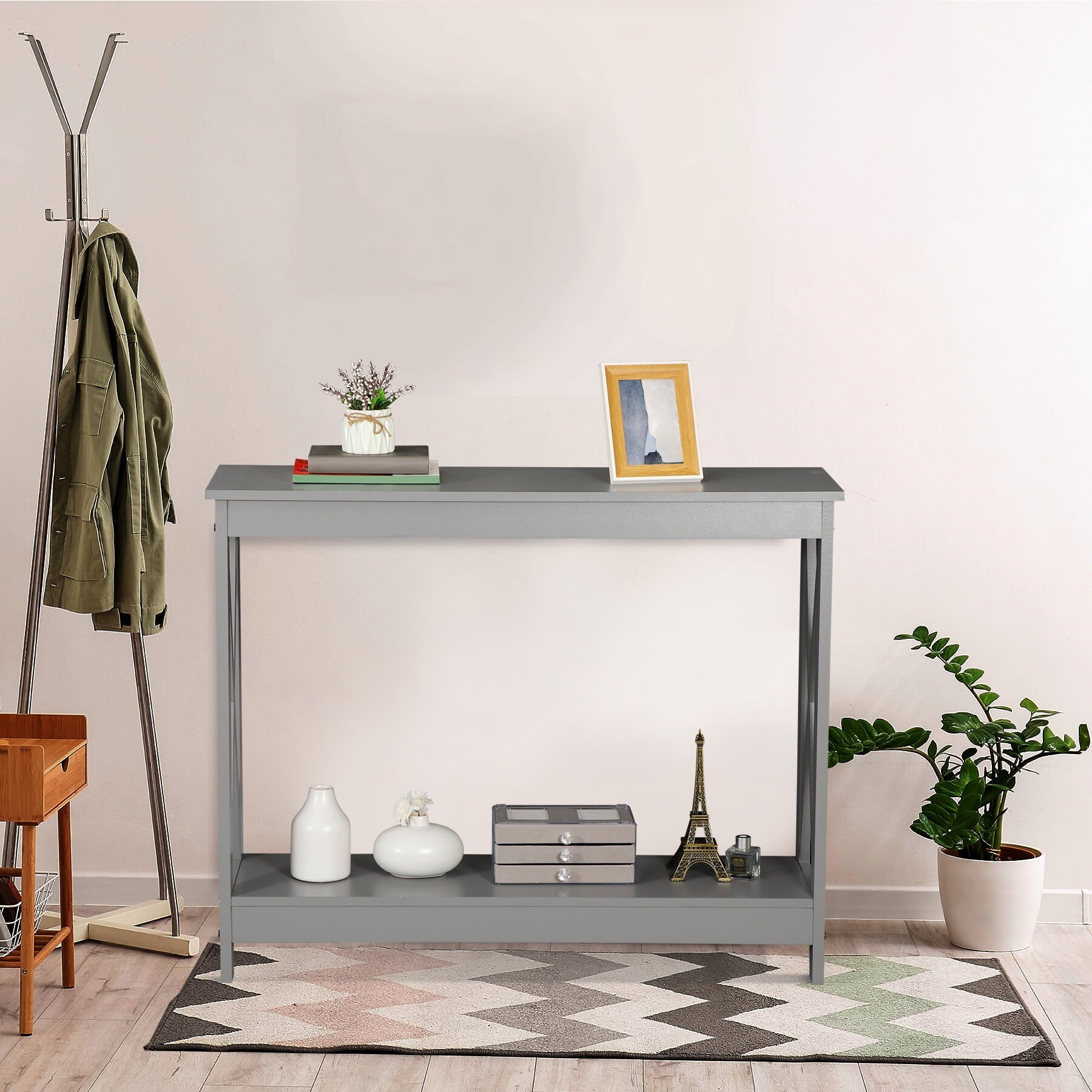 HomGarden Modern Narrow Console Table 2-Shelves Wooden Sofa Side Table Home Office, Gray