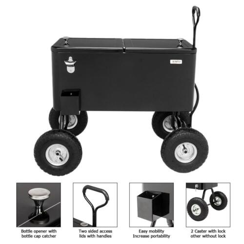 80 Quart Wagon Rolling Cooler Party Ice Chest, w/ Long Handle and 10" Wheels