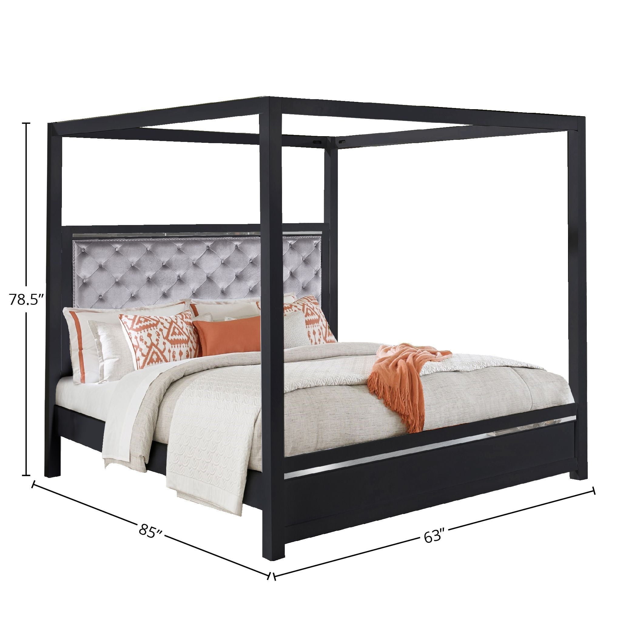 Canopy Glam Bedframe with Tufted Headboard & LED Lights, Queen