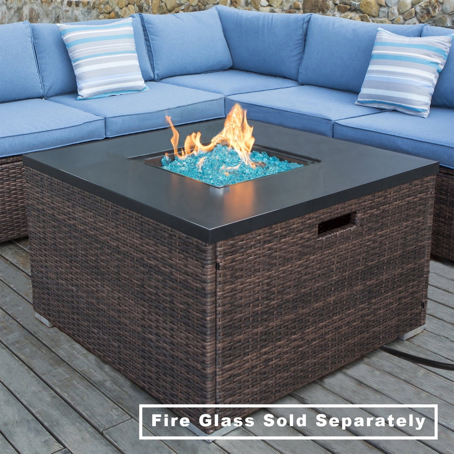 COSIEST Outdoor Propane Fire Pit 32-inch Square Espresso Brown Wicker Fire Table