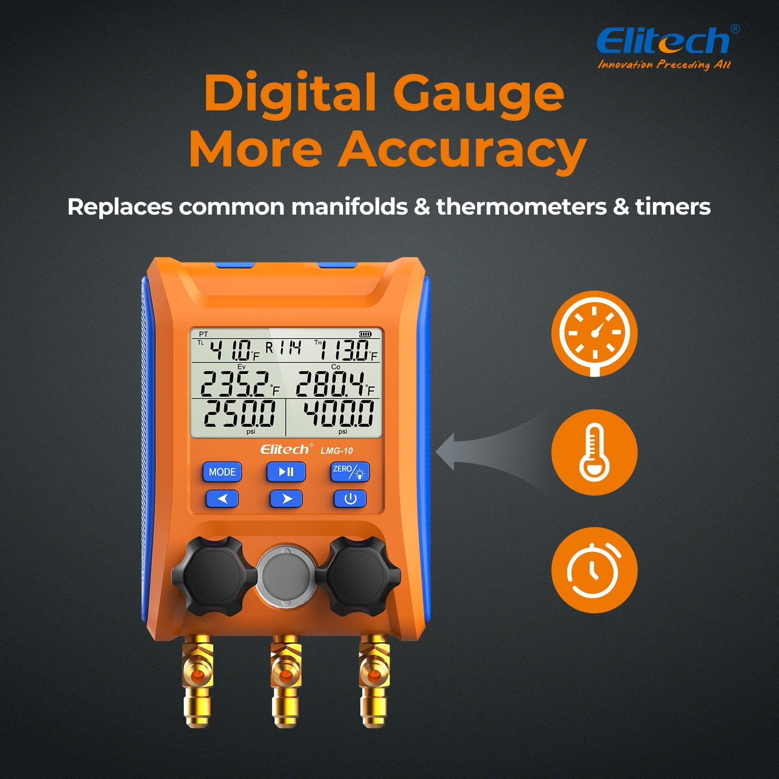 Elitech Digital Manifold Gauge HVAC 2-Way Valve with Thermometer Clamps