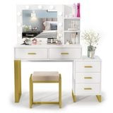 PAKASEPT Vanity Set with Lighted Mirror, Large Vanity Desk Makeup Vanity Dressing Table with 9 LED Lights, 5 Drawers, Storage Shelves&Cushioned Stool for Bedroom