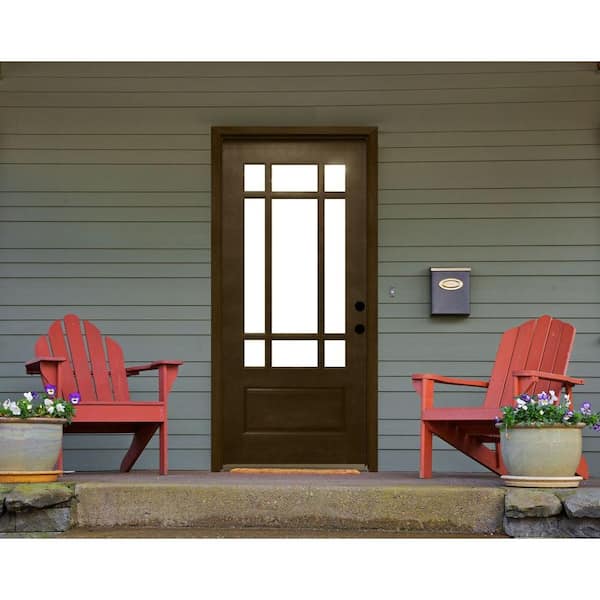 36 in. x 80 in. Craftsman 9 Lite Stained Mahogany Wood Prehung Front Door