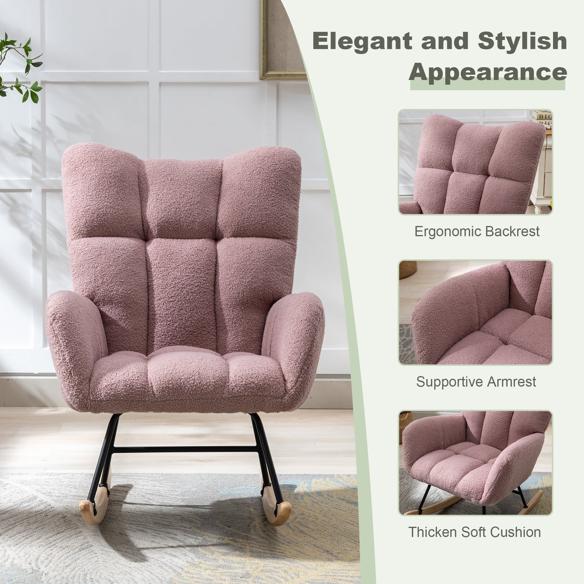 HONSIT Pink Nursery Rocking Chair, Teddy Fabric Upholstered Glider Rocker with High Backrest, Modern Rocking Accent Chairs Comfy Side Chair for Nursery, Bedroom, Living Room