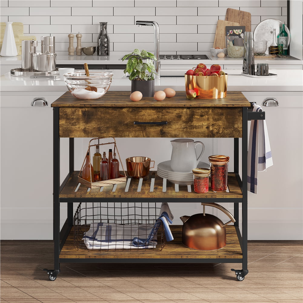 Easyfashion 3-Tier Rolling Kitchen Island Microwave Serving Cart with Storage, Rustic Brown