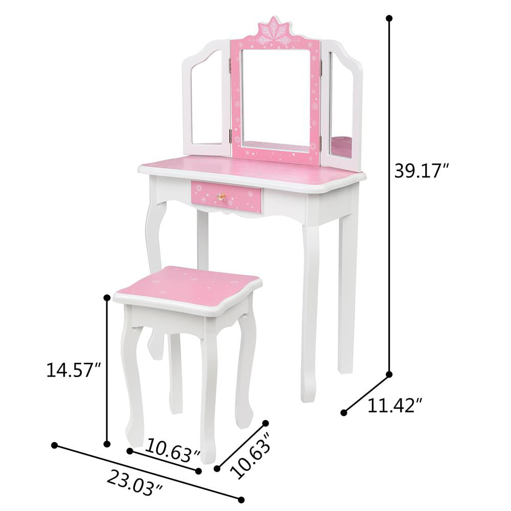 BaytoCare Kids Vanity Table Wooden Dressing Table with Stool and Drawer