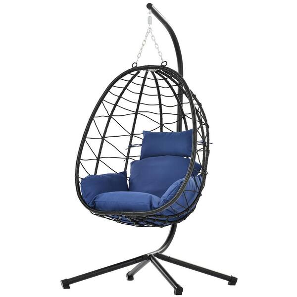 6.4 ft. Egg Chair Outdoor Swing Chair Patio Wicker Hanging Egg Chair Hammock Chair with Stand in Navy Blue
