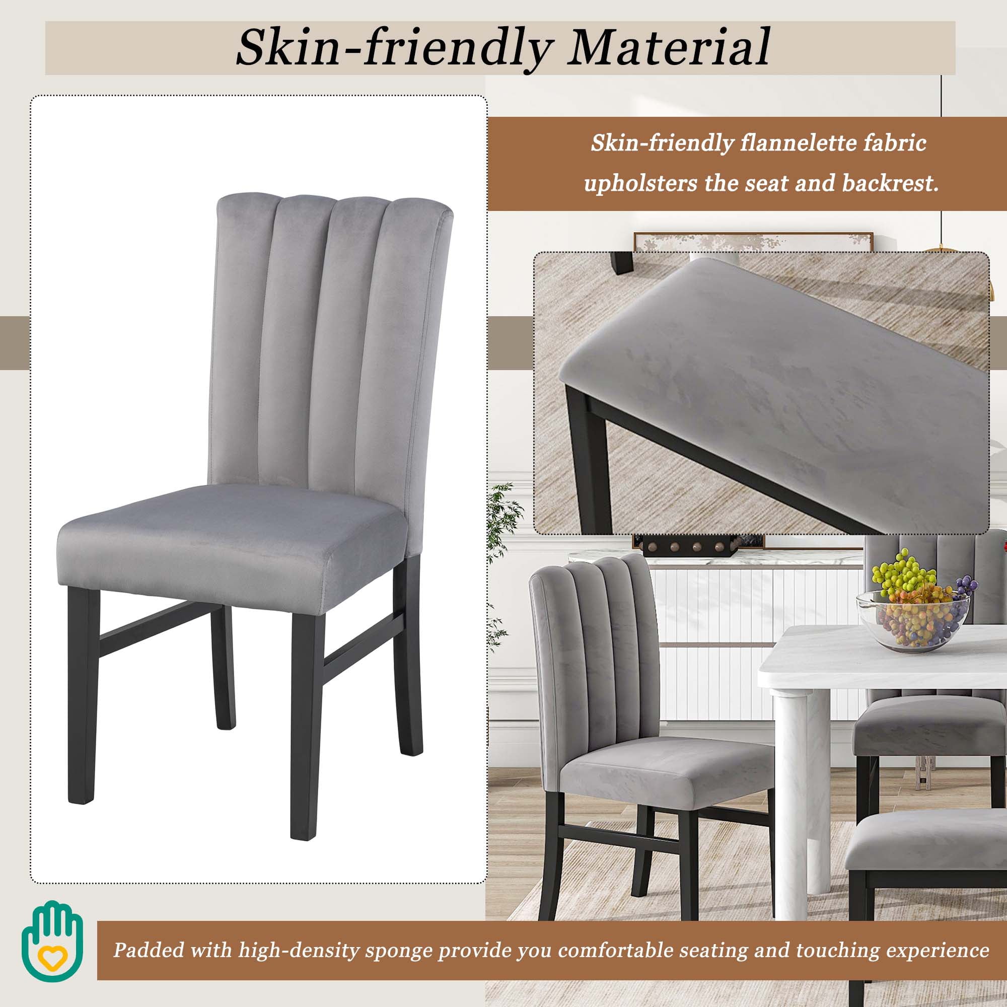 Set of 6 Marble Sticker Dining Table and 4 Velvet Upholstered Dining Chairs and Bench (White+Grey) Dimensions Table: 60