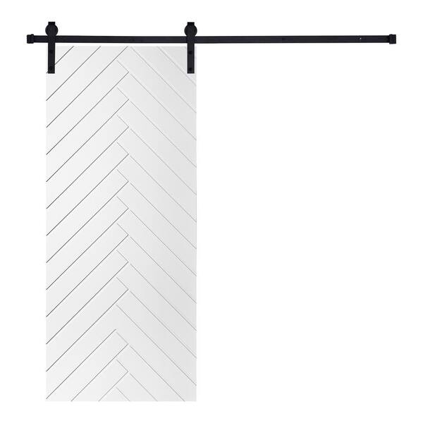 Double Modern Herringbone Pattern 48 in. x 80 in. MDF Panel White Painted Sliding Barn Door with Hardware Kit