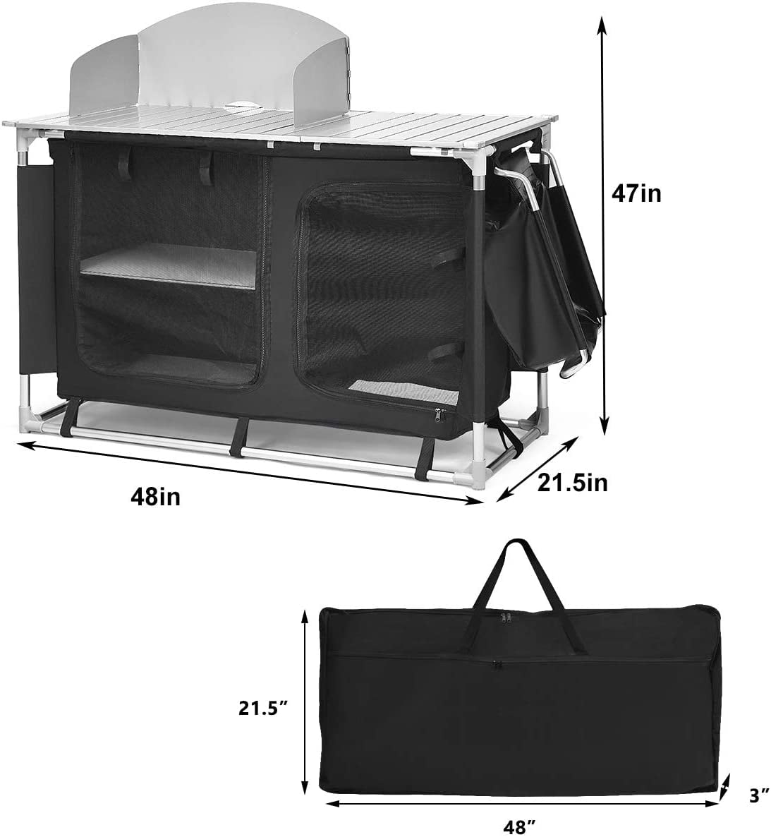 Portable Camping Kitchen Table, Camping Grill Table w/Windscreen & Storage Organizer, Outdoor Kitchen Cook Station with Basin for BBQ, Party, Picnics, Backyards, BBQ Table