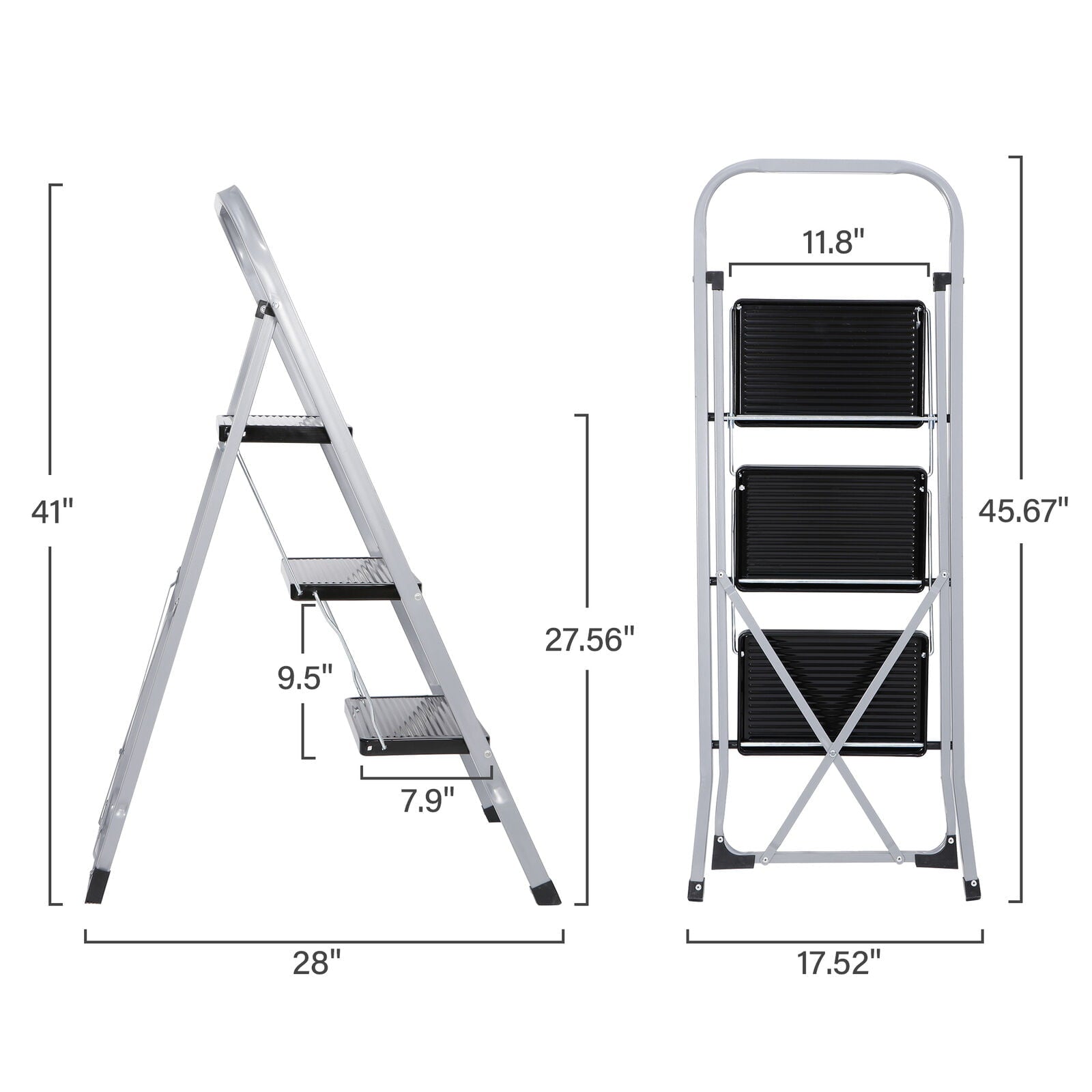 ZENSTYLE 3 Step Ladder Folding Step Stool 330lb Capacity Sturdy Steel Frame, Silver and Black