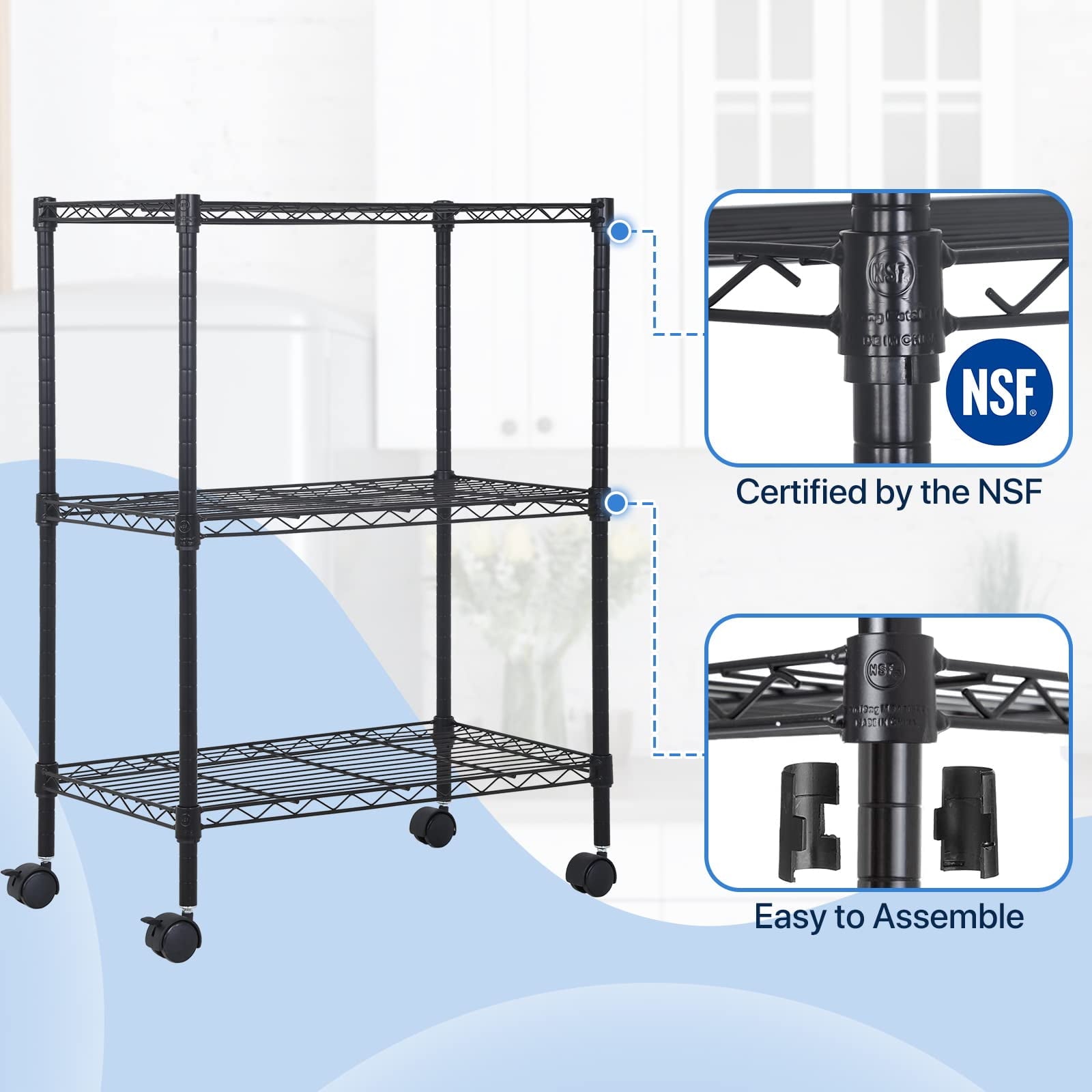 NiamVelo 3-Tier Wire Shelving Unit, NSF Metal Storage Shelves  Adjustable Wire Shelf with Wheels for Kitchen Office Pantry Bathroom Garage, Black