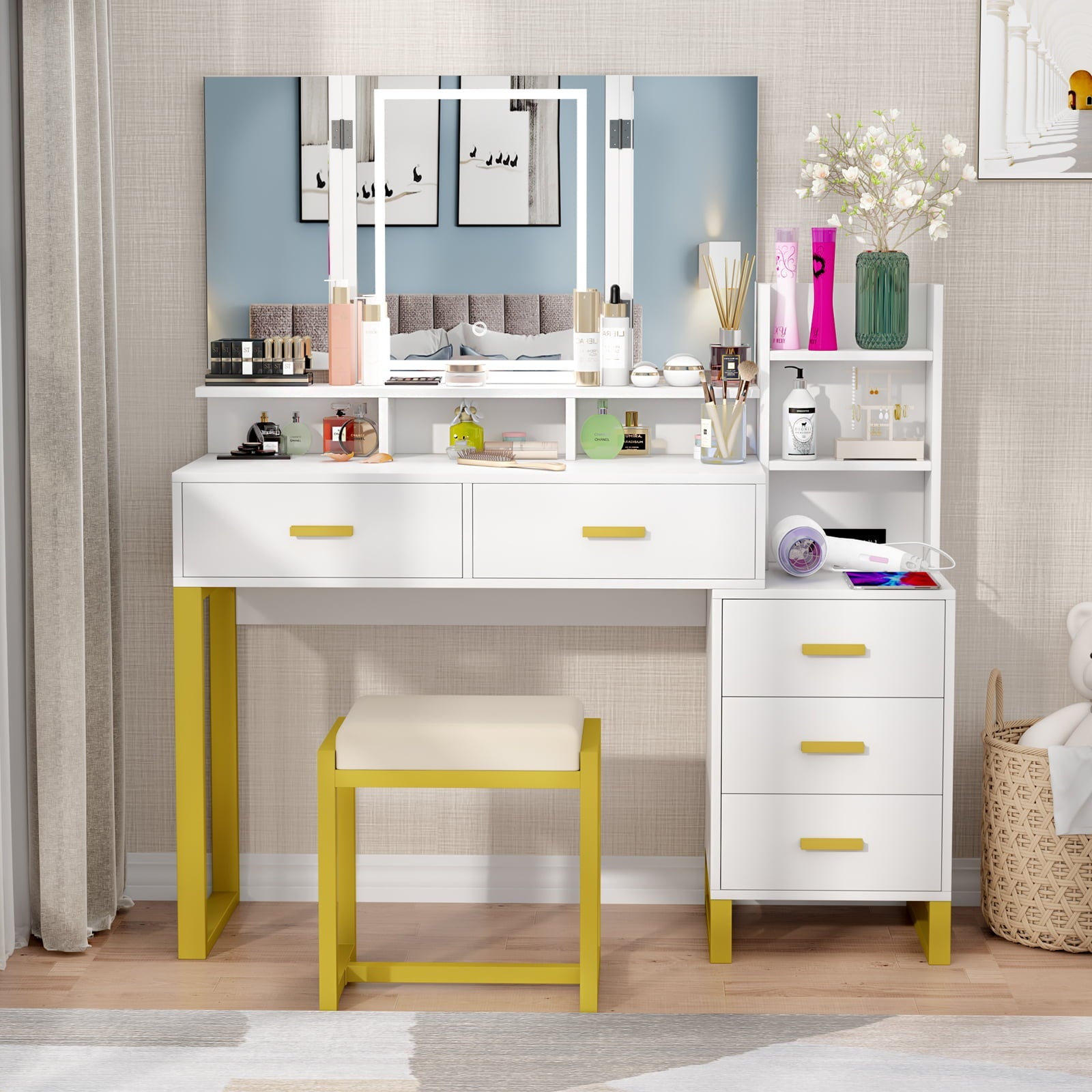 PAKASEPT Vanity Set with Tri-Fold Makeup Mirror, Large Vanity Desk Makeup Vanity with 3-Color Adjustable Touch Light, Charging Station, 5 Drawers, Storage Shelves&Cushioned Stool for Bedroom, White