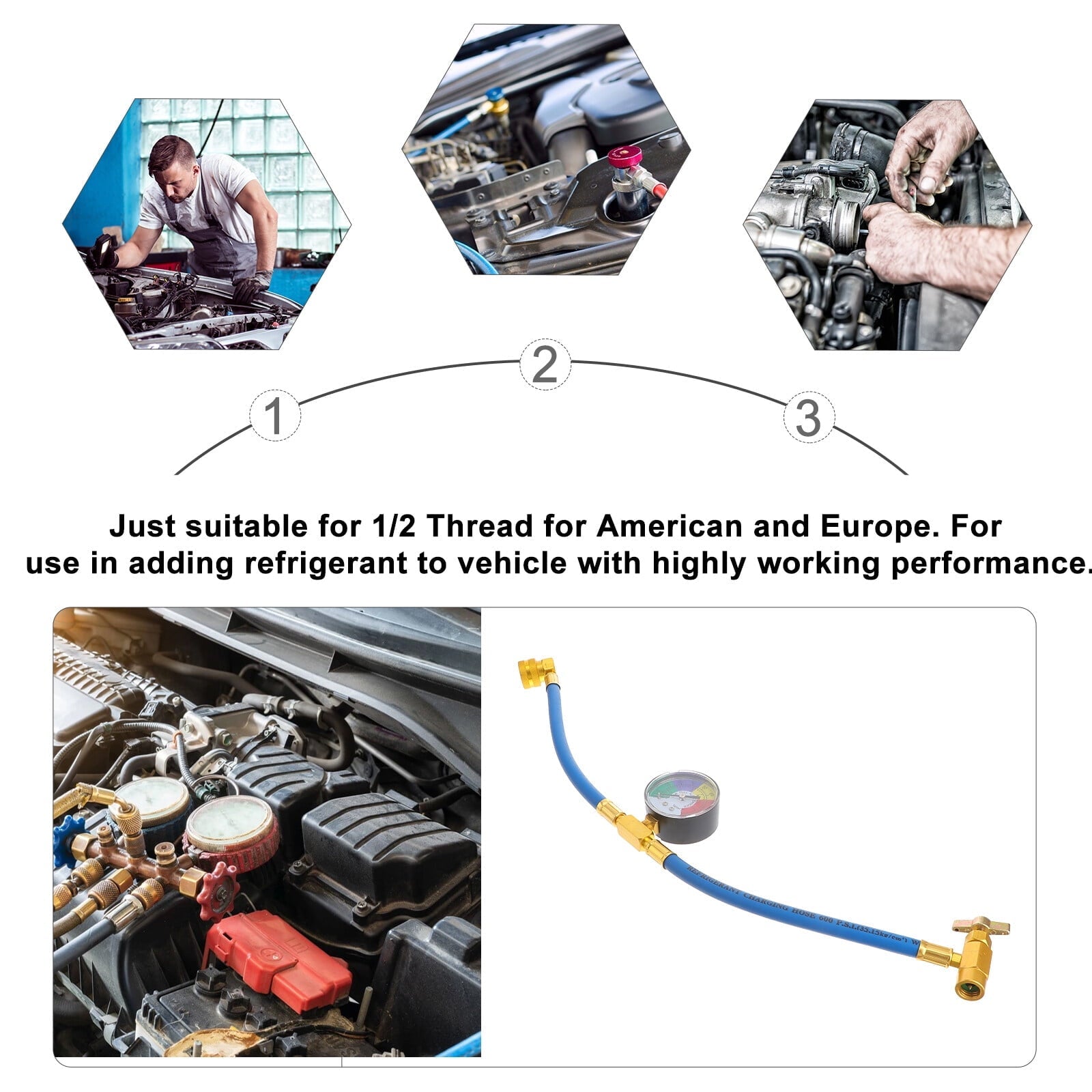 Car AC Refrigerant Charge Hose Kit Recharge Hose with Gauge,A/C 1/2 Recharge Measuring Kit Can Tap Air Conditioning Pressure Gauge