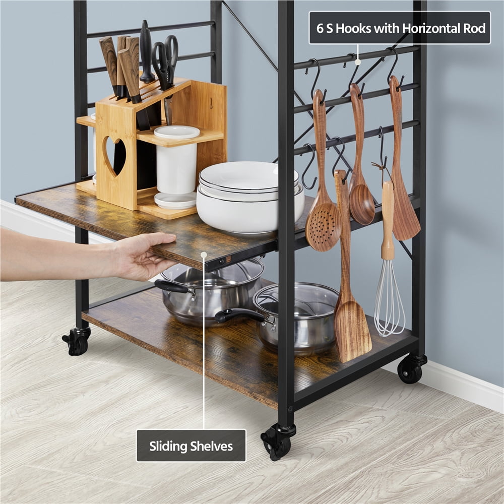 Easyfashion Kitchen Baker's Rack with Side Hooks, Rustic Brown