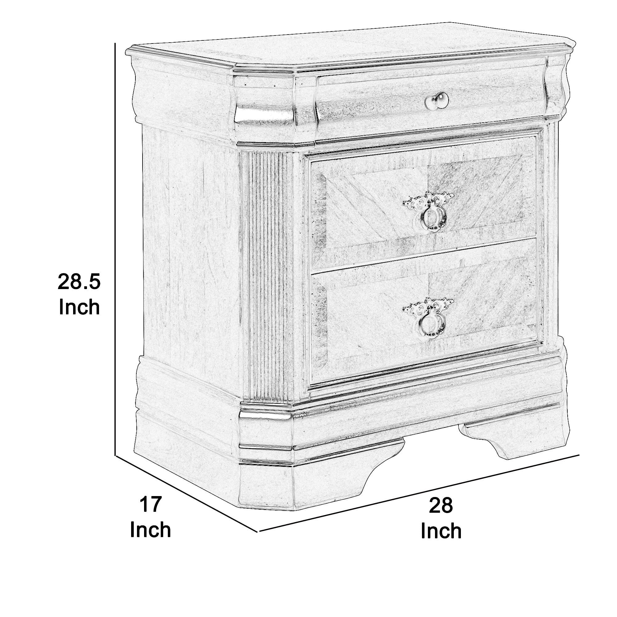 3 Drawer Wooden Nightstand with Sled Base and Metal Ring Pulls, Brown