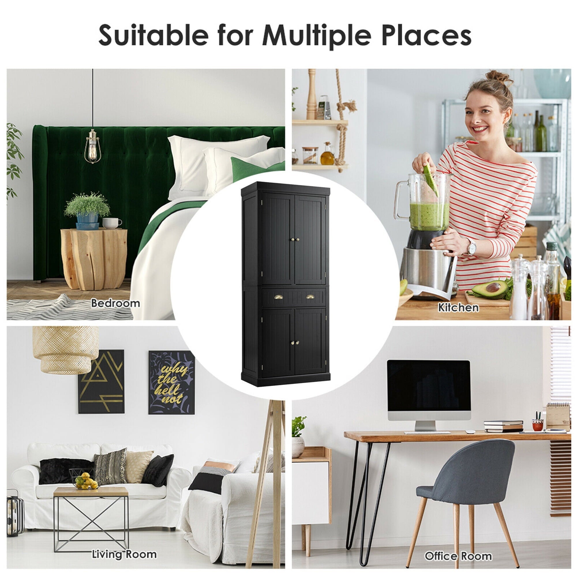 Gymax Kitchen Cabinet Pantry Cupboard Freestanding w/Adjustable Shelves Black