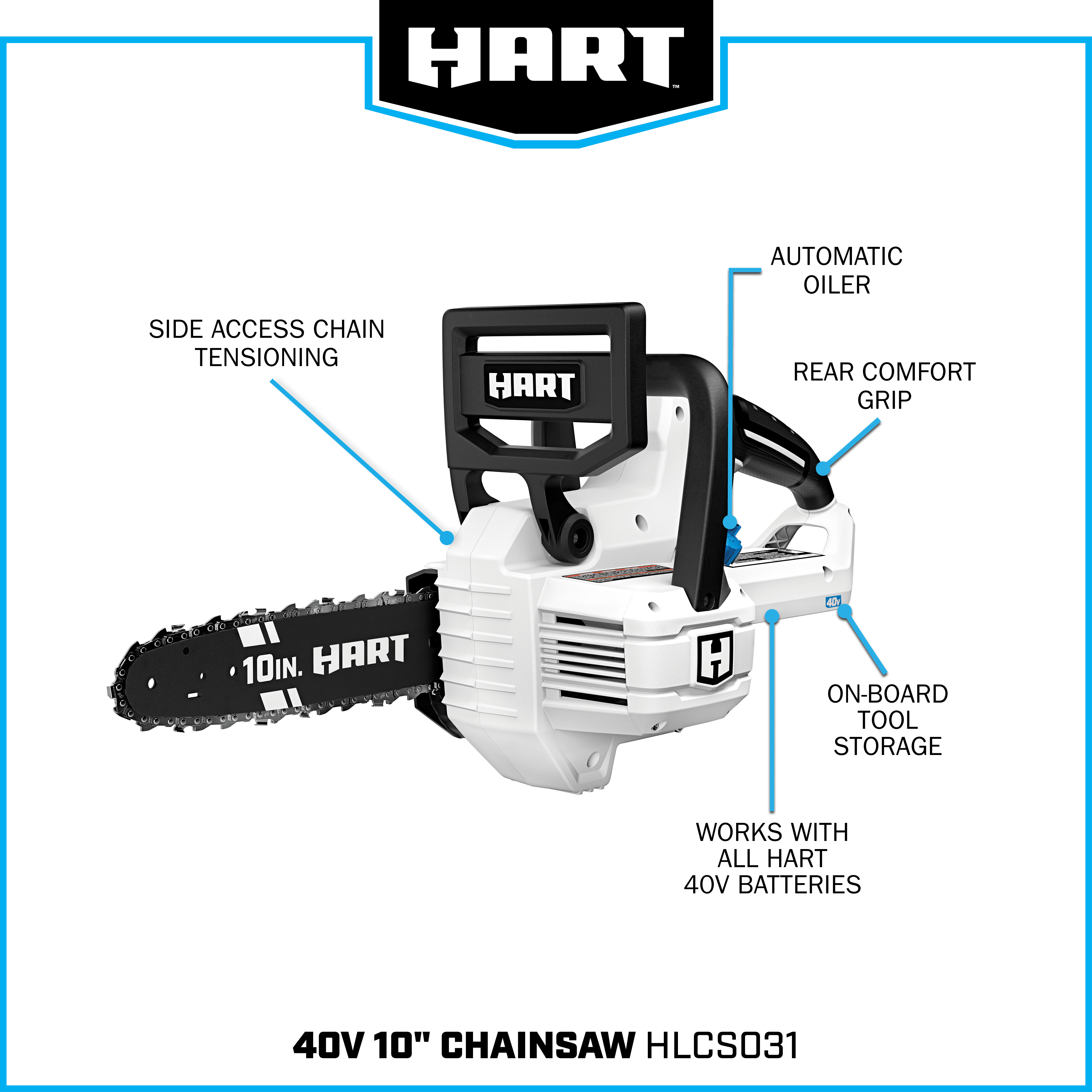 HART 40-Volt 10-Inch Battery-Powered Chainsaw Kit, (1) 2.5 Ah Lithium-Ion Battery