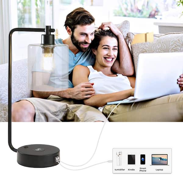 19 in. Clear Table Lamp with Wireless Charger and Glass Shade