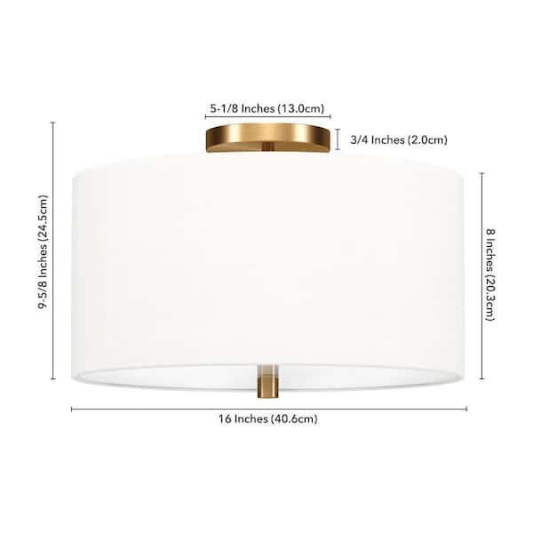 Ellis 16 in. Brass and White Semi Flush Mount with Fabric Shade