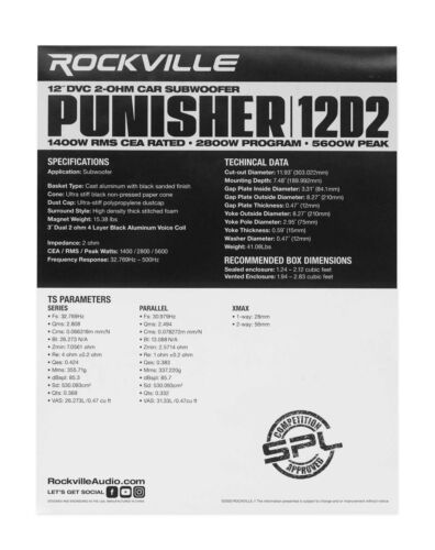 Rockville Punisher 12D2 12" 5600w Peak Competition Car Audio Subwoofer 1400w RMS