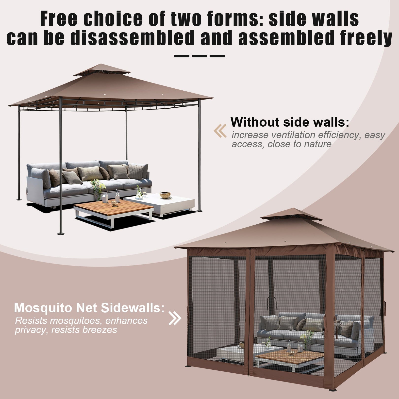 SANOPY 10' x10' Canopy Gazebo, Assembled Style Wrought Iron Gazebo Tent Can Accommodate 6-10 People with 4 Detachable Mosquito Net Side Walls, Rainproof&Sunproof Canopy Tent For Garden, Yard, Beach