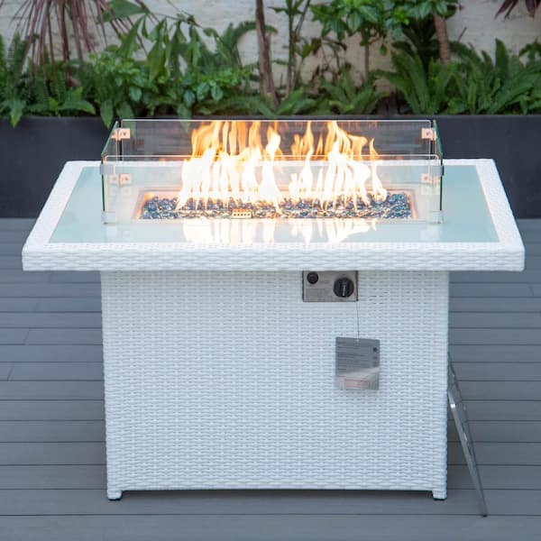 Mace 44 in. White Modern Wicker 55,000 BTU Propane Patio Fire Pit Table with Lid and Fire Glass