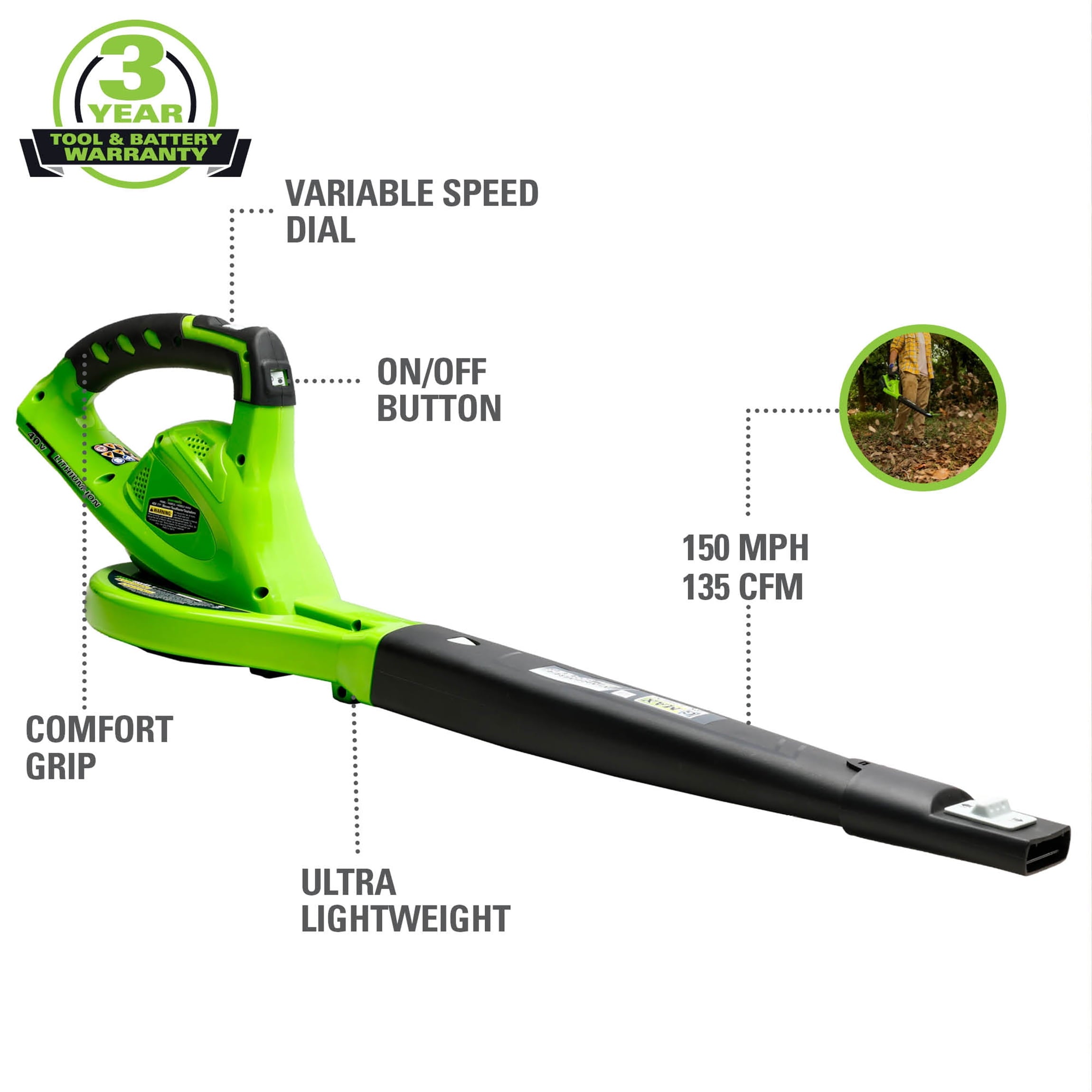 Greenworks 40V 135 CFM Cordless Leaf Blower/Sweeper, Battery Not Included, 24282