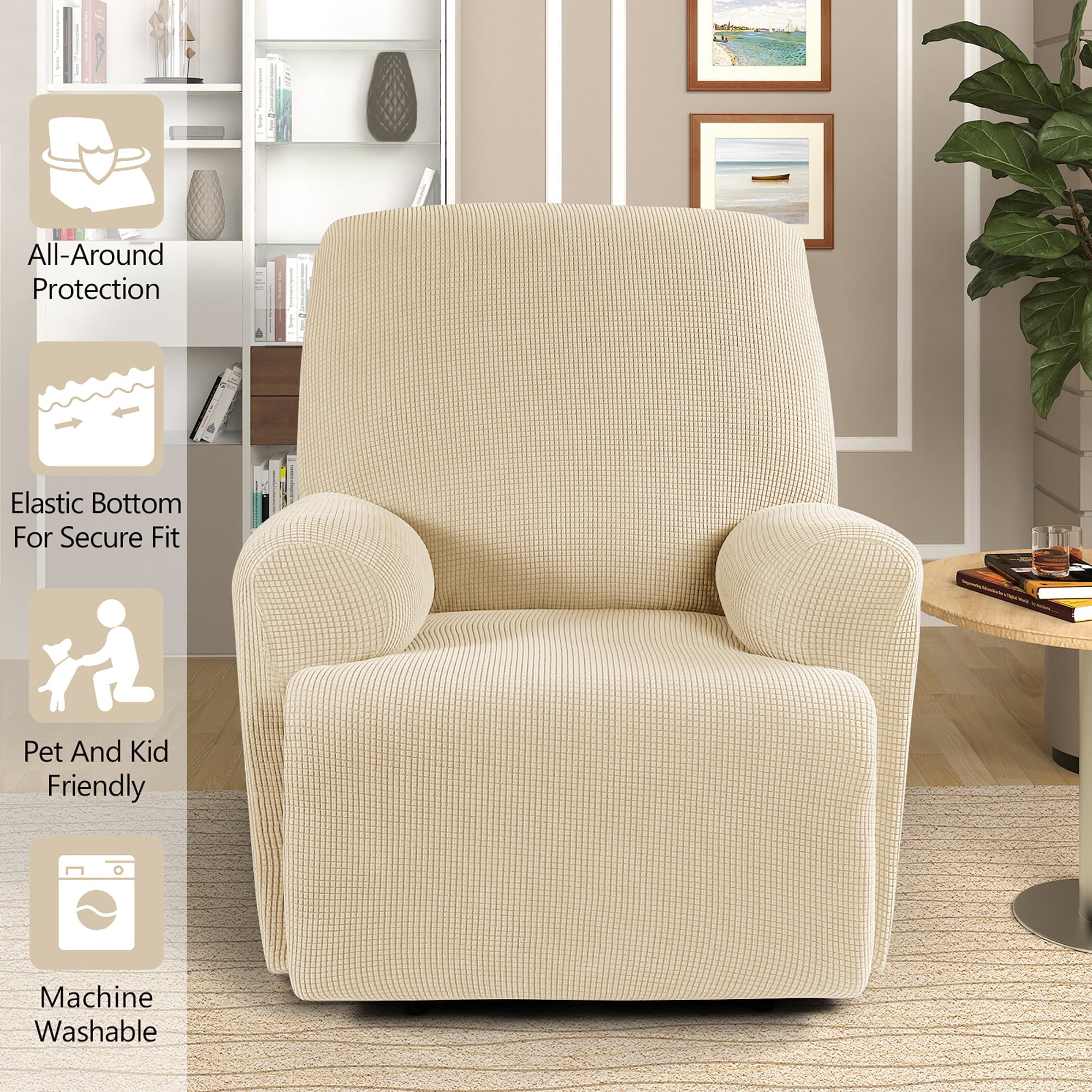 TAOCOCO Stretch Armchair Reclining Slipcovers, Solid Jacquard 4-Pieces Recliner Chair Covers Beige