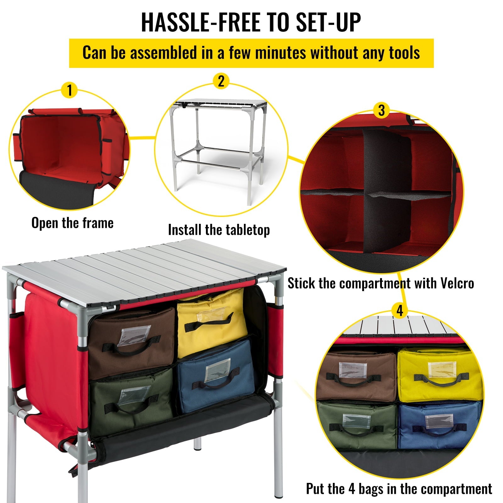 Camping Kitchen Station, Aluminum Portable Folding Camp Cook Table with 4 Detachable Legs & 4 Cooler Bags, Red