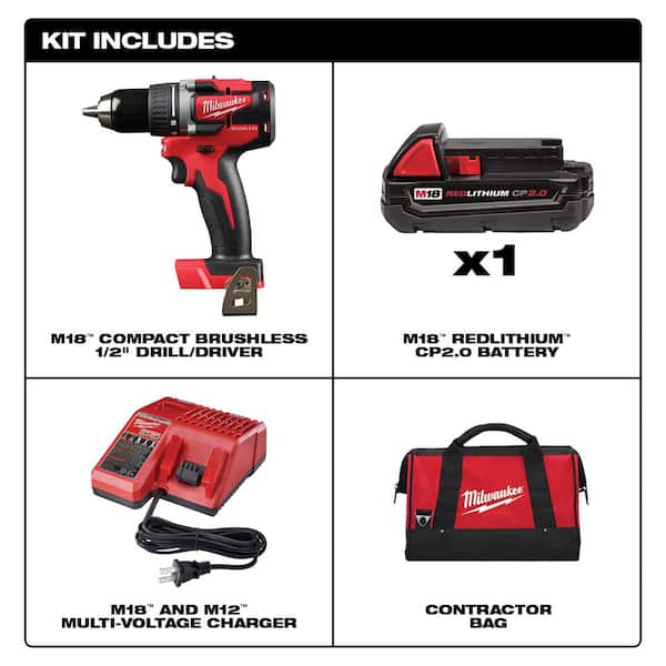 M18 18-Volt Lithium-Ion Brushless Cordless 1/2 in. Compact Drill/Driver with (1) 2.0 Ah Battery, Charger and Tool Bag