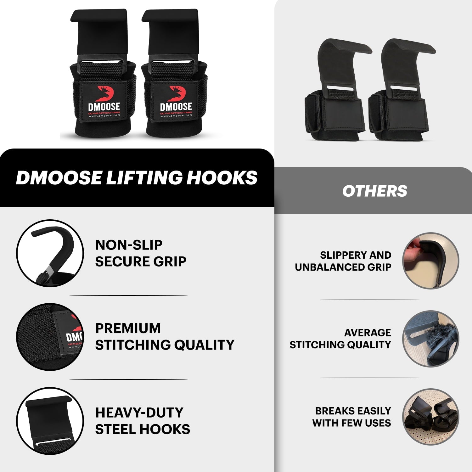 DMoose Fitness 8 mm Thick Padded Neoprene Double Stitching Weight Lifting Hooks Grip, Pair